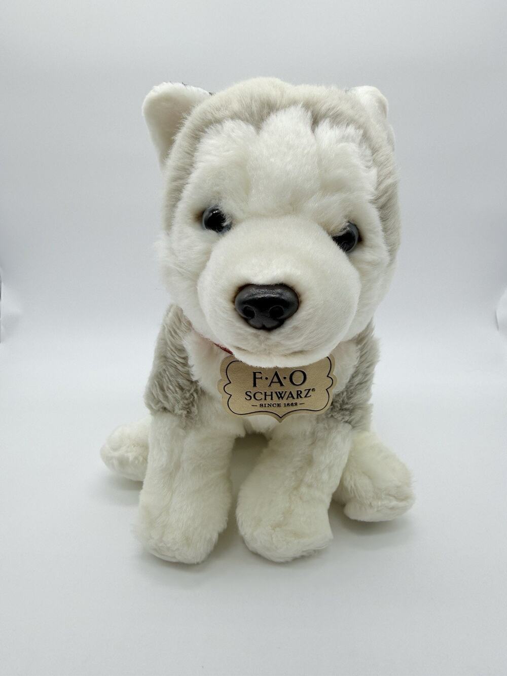 FAO Schwarz Plush Wolf Husky Stuffed Animal Puppy Dog Blue Eyes Realistic 9.5"